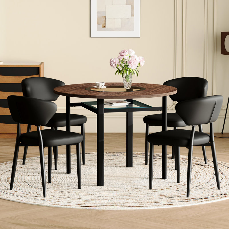 Table de salle à manger minimaliste moderne de 107 cm (42 pouces) et 4 chaises noires en PU, finition bois brun, incrustations en verre couleur thé de 51 cm (20 pouces), étagère transparente pour se détendre, design ergonomique, verre résistant aux chocs et aux hautes températures, cuisine ouverte