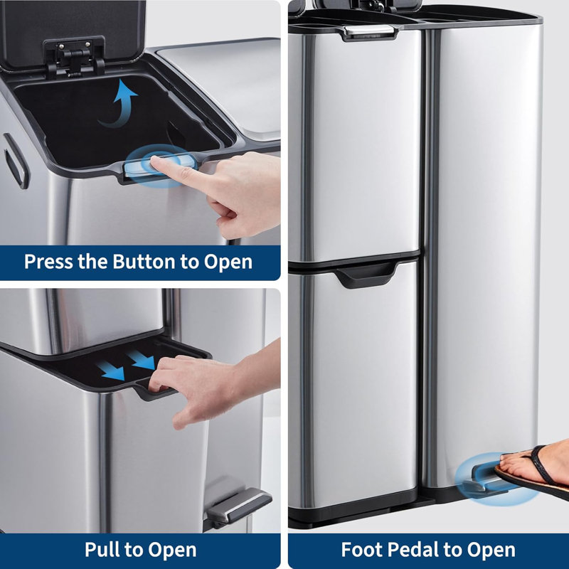 Poubelle de cuisine 16 gallons à trois compartiments en acier inoxydable avec couvercle, pédale et seaux intérieurs amovibles pour la cuisine, la salle de bain et le bureau personnel