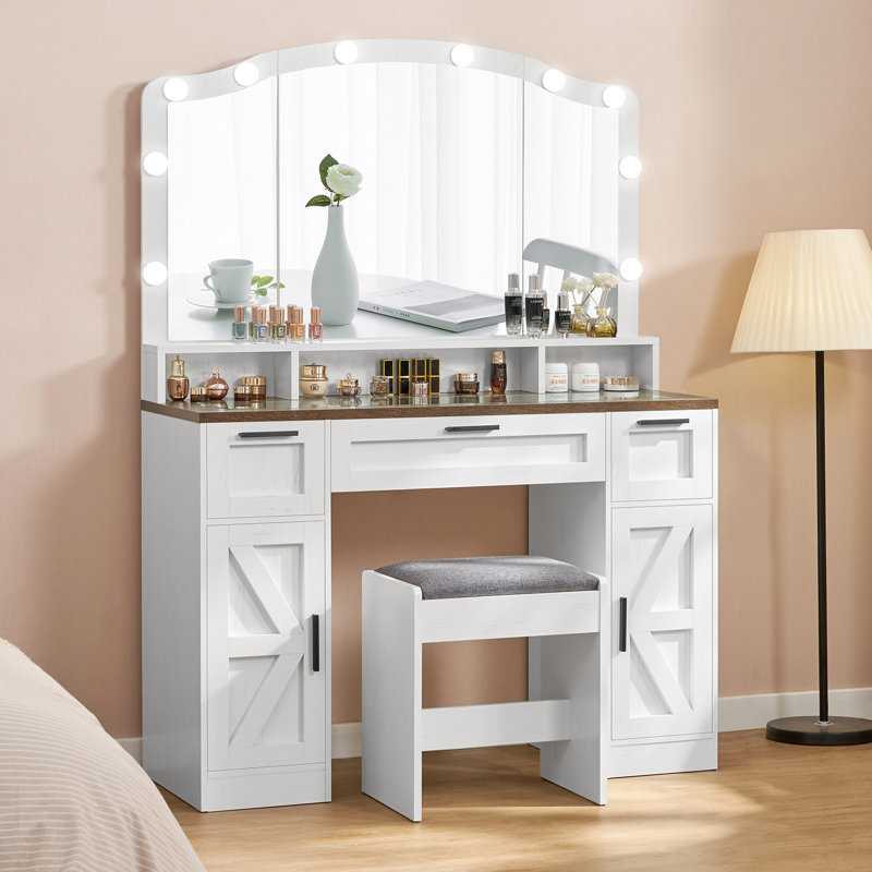 Ensemble de meuble-lavabo Clota Farmhouse avec 10 lumières DEL, cadeaux de Noël, 3 tiroirs et 2 armoires, Blanc