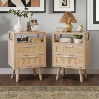 Ensemble de 2 tables de chevet avec rangement à 2 tiroirs, 15,4 po avec poignées en métal doré, table de bout en bois pour la chambre à coucher