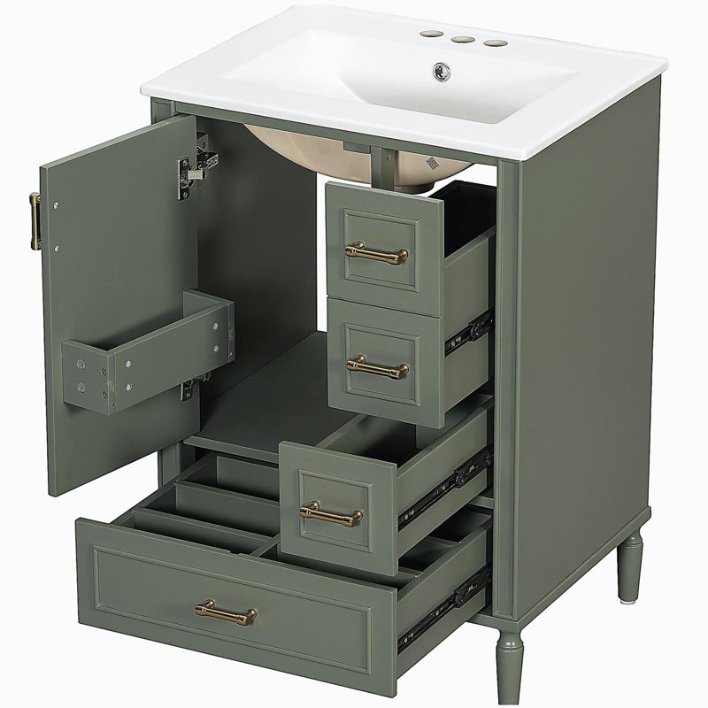 Meuble-lavabo 24 po avec lavabo en céramique, porte à fermeture douce, 3 tiroirs, poignées dorées et support de porte