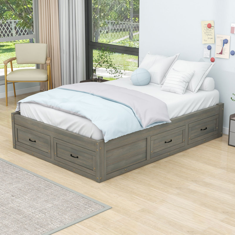 Wooden Platform Bed with 6 Drawers, Antique Gray, Full