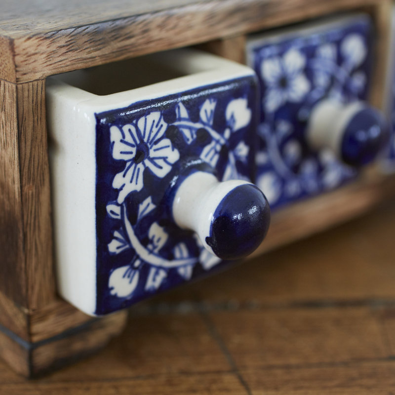 Hand Painted Blue Floral Ceramic 3 Drawer Chest