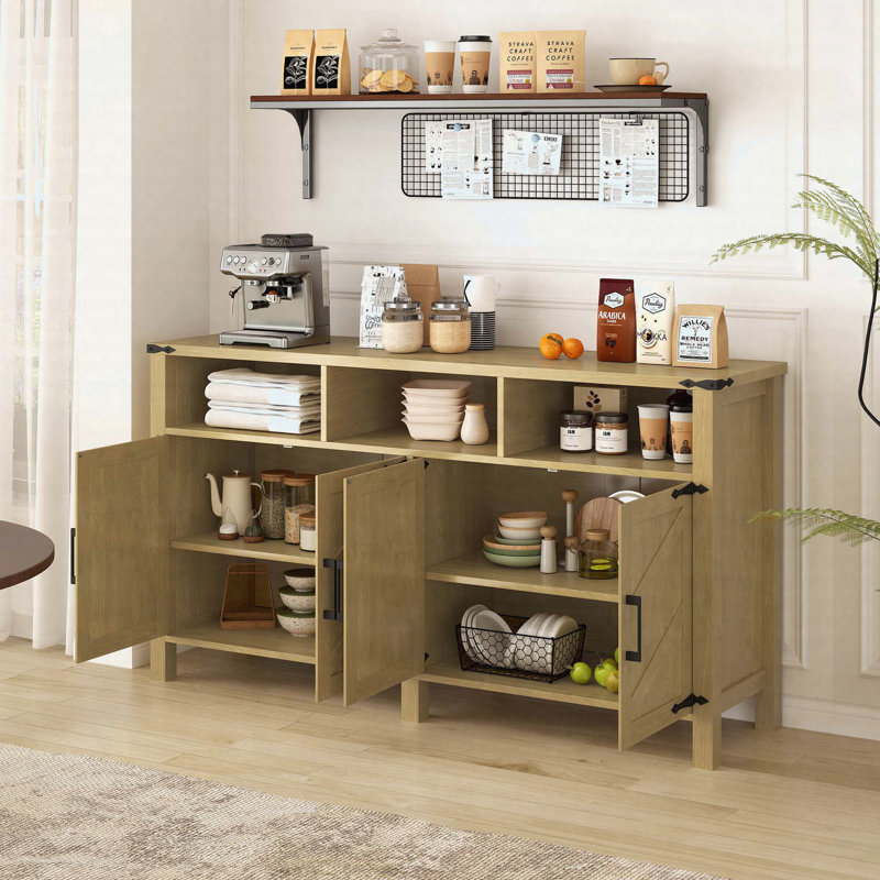 59" Modern Sideboard Buffet Cabinet with Power Outlets, USB Ports and Adjustable Shelves, Natural Wood