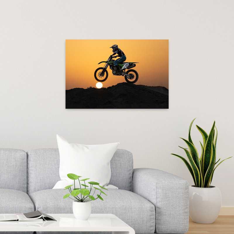 Motocross Sunset Jump, paysage contemporain abstrait, impression d'art mural, 24" H x 36" W