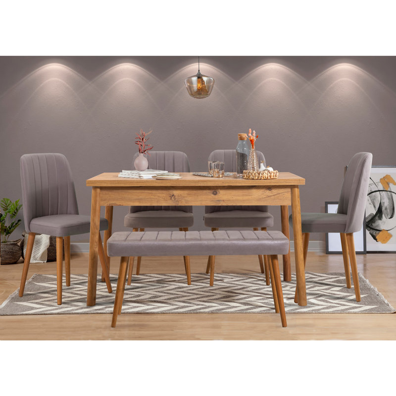 Ensemble de table et chaises de salle à manger élégant 6 pièces, pin atlantique | 100% panneau de particules enduit de mélamine, table: 47,2 po x 30,3 po x 29,5 po | Chaises (4): 18,5 po x 35,4 po, hauteur du siège: 19,3 po | Structure en métal, 10