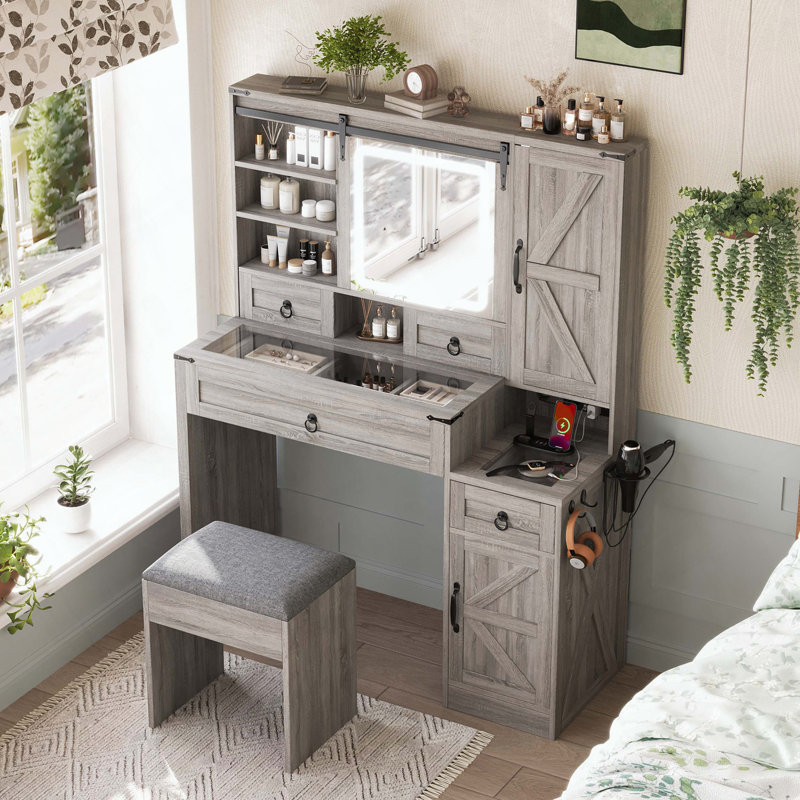 Farmhouse Vanity Desk with Sliding Mirror, Lights, Glass Top, Charging Station and Stool, Gray