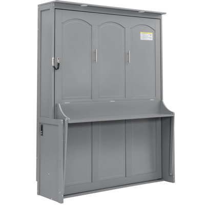 Queen Size Bed With Desk, Gray, Led Lights, Charging, Space - Saving Wall For Home Office, Quality Slats, Dual Piston Title