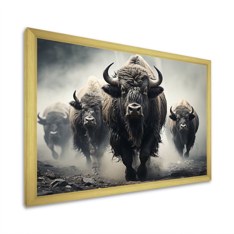 «Gray Buffalo Gentle Guardians I», art mural Buffalo, H 30 po x l 40 po x P 1,5 po, Cadre doré simple