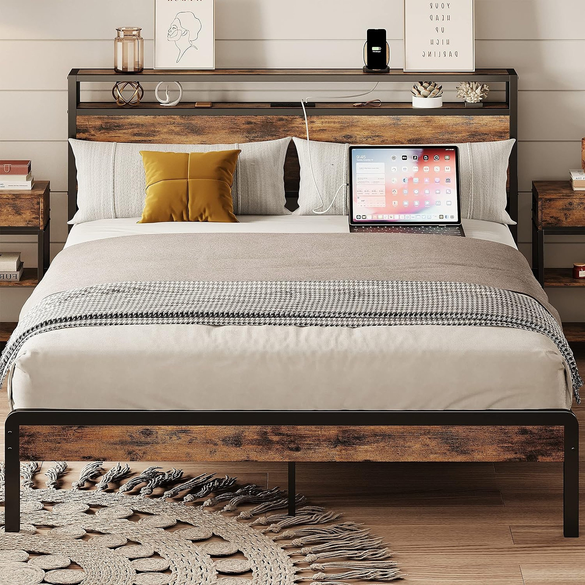 Linsy Full Bed Frame With Ergonomic Headboard, 14 Inch Fast Assembly Metal Bed With Lights, Outlets & USB, Bed Frame Full Size With Storage, Noise