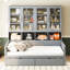 Lit de jour simple moderne avec armoire vitrée et lumières décoratives à DEL, espace de rangement gris élégant