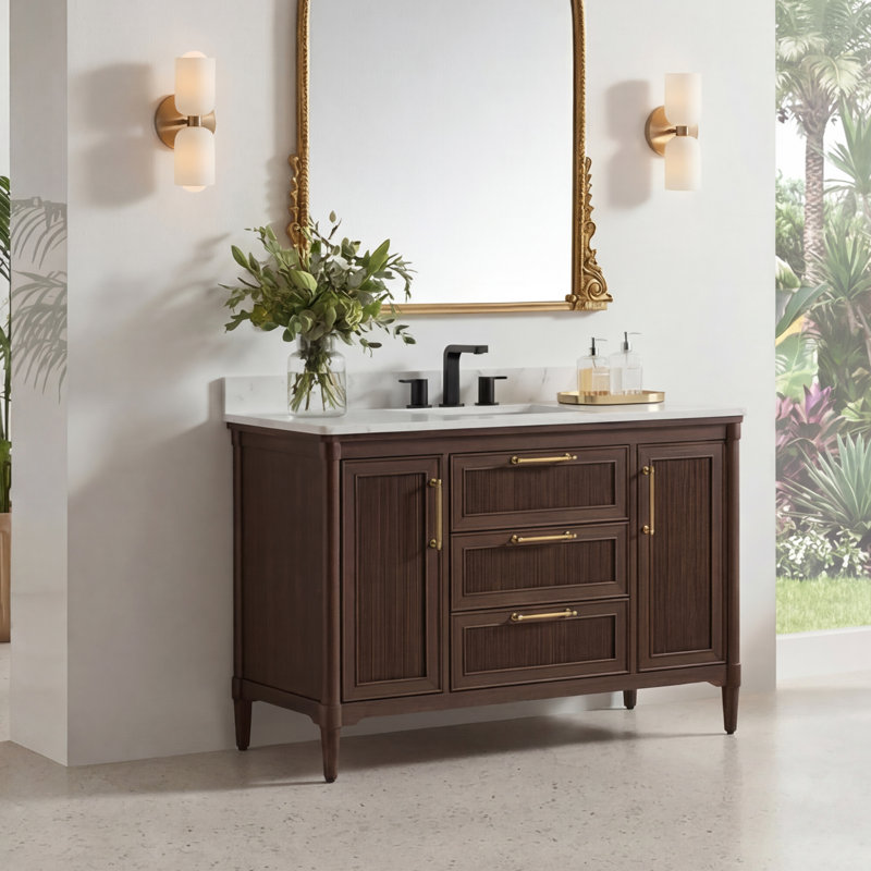 Ensemble de meuble-lavabo simple autoportant 48 po avec comptoir blanc Carrara, texture cannelée, entièrement assemblé, Brun