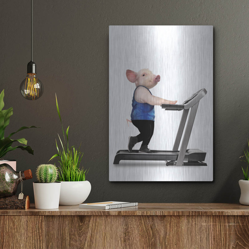  «Cochon sur tapis roulant» par John Hovenstine, art mural en métal, 12 po x 16 po, H 16 po x l 12 po