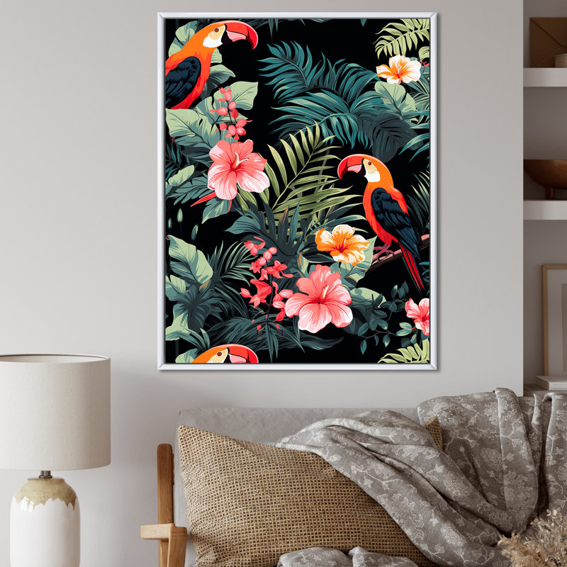Perroquets roses et plantes tropicales I - art mural perroquet, Cadre flottant blanc, 32" H x 16" W