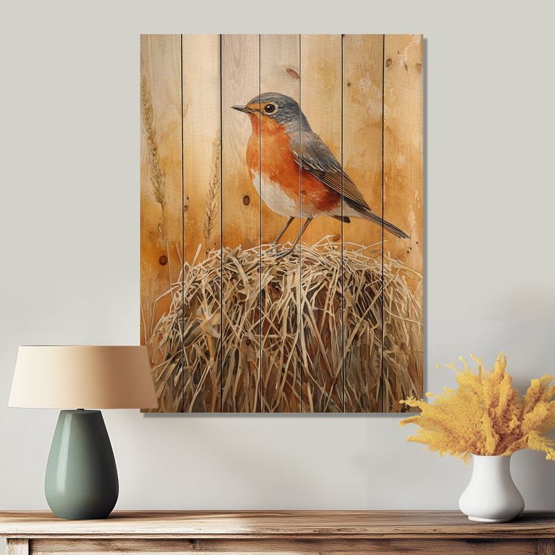 Oiseau de merle sur la balle de foin II - Art mural en bois d'oiseau - sur bois de pin naturel, H 20 po x l 10 po x P 0,78 po