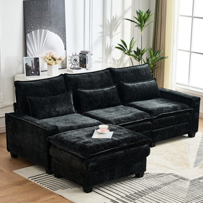 Canapé modulaire en chenille de 99 po de style salon en L 4 places, siège moelleux et mi-moelleux, confort en nuage, mousse et ressorts à double couche, base en bois massif en forme de L noire pour salon
