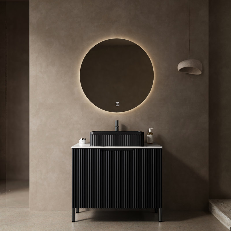 Meuble-lavabo de 30 po avec lavabo en céramique noire, comptoir blanc, autoportant, style français, système de fermeture en douceur, armoire, rangement autoportant, portes romantiques