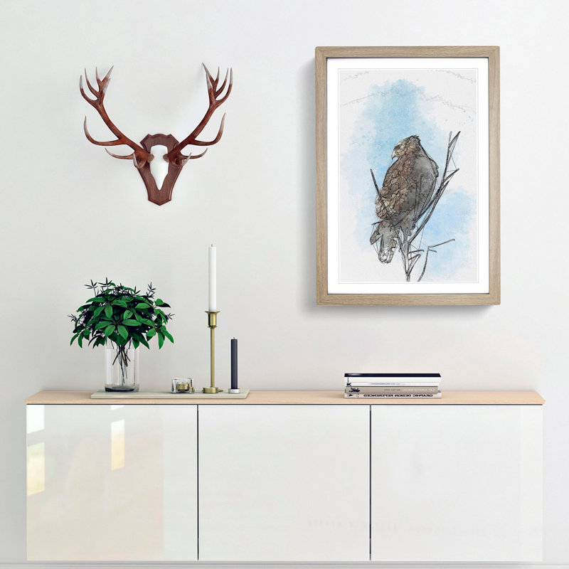 Hawk Perched in a Tree in Abstract - Picture Frame Graphic Art Print, 65cm H x 48cm W x 2cm D, Oak Framed