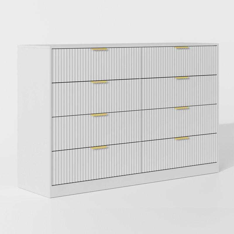 Fluted Dresser For Bedroom With 8 Drawers, 55" Wide White Modern Chest Of Drawers With Metal Handle, White
