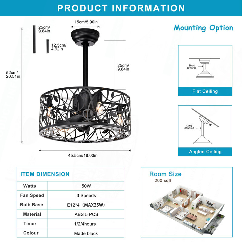 Ventilateur de plafond à 5 pales 18 po 18,5 po, style industriel rétro avec 3 vitesses réglables pour le salon, la chambre à coucher et la cuisine