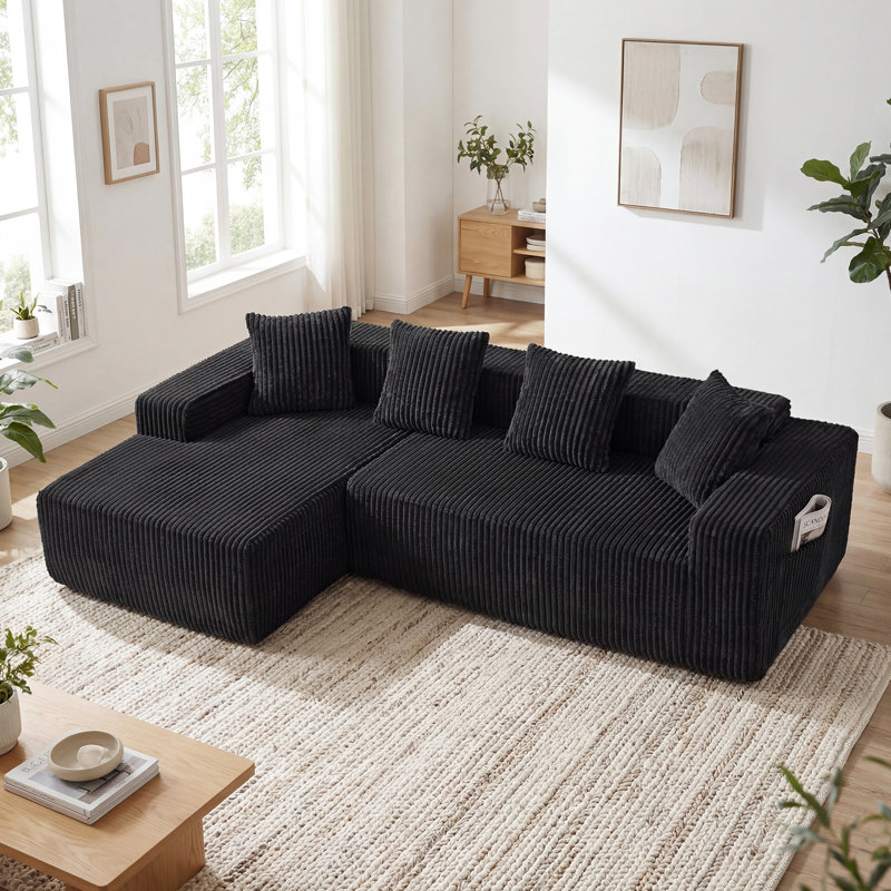 Modern Oversized Corner Sofa L-Shaped Corduroy Sofa With Storage Pockets , Left Hand Facing, Black