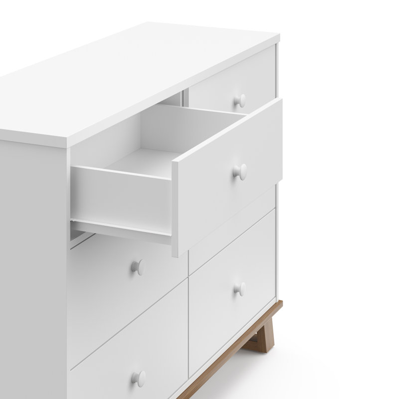 Modern 6 Drawer Double Dresser, White/Vintage Driftwood