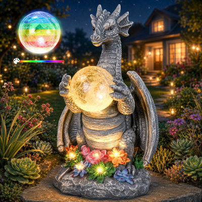 Solar Dragon Statue with Crackle Glass Light, Outdoor Summer Garden Figurine Decor for Yard Lawn Patio Pathway, Housewarming Gift