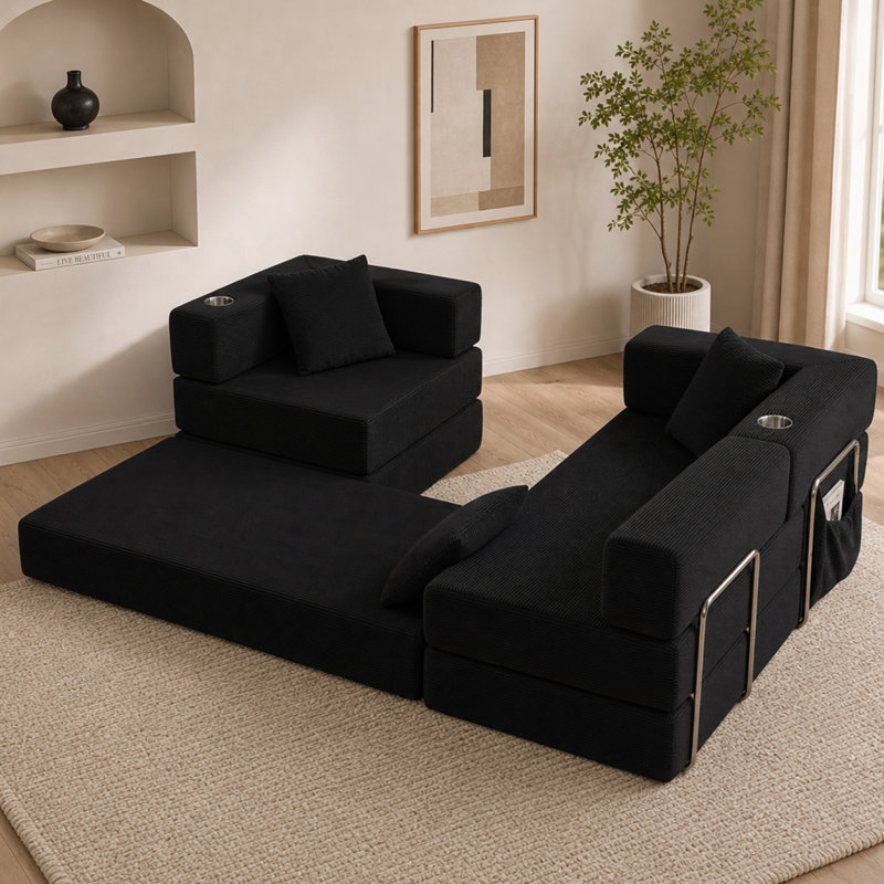 Canapé d'angle modulaire en L avec méridienne, 108 x 72 x 26 pouces, en velours côtelé noir, monobloc, aucun assemblage requis