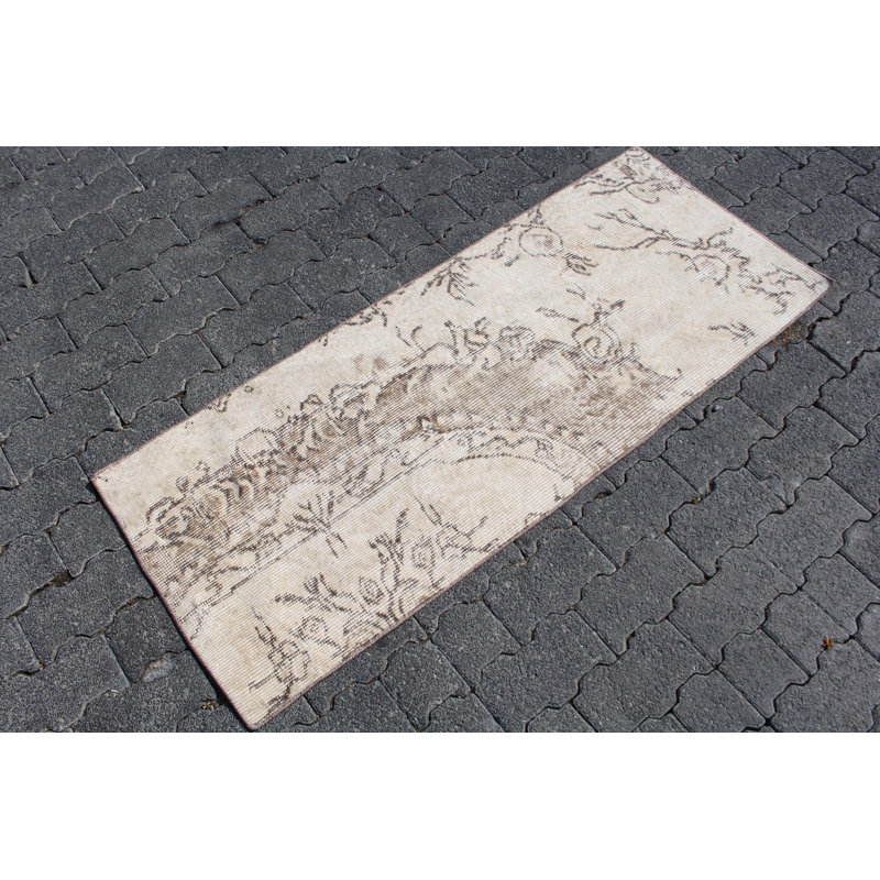Vintage Turkish Beige Oushak Rug with Fringe - Small Bathroom or Door Mat Rug - Cute Antique Style