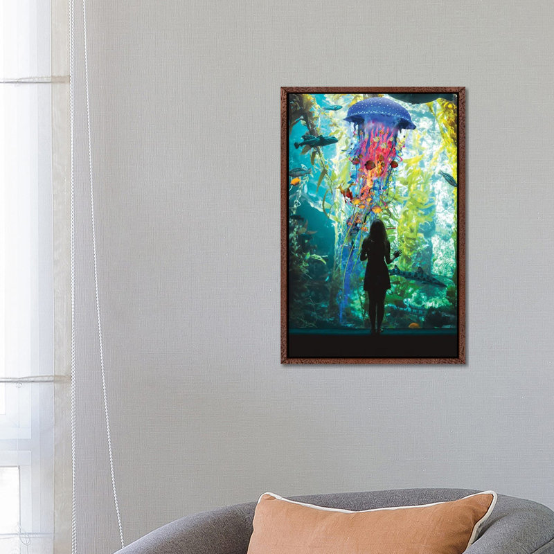 Electric Jellyfish World Is An Aquarium by David Loblaw - Print on Canvas, Classic Brown Wood Framed, 66.04 cm H x 45.72 cm W