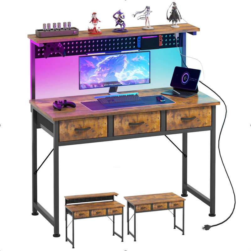 Metal Base Computer Desk with Power Outlet, Brown/Black