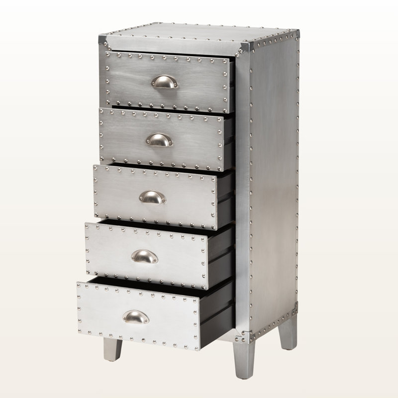 Armoire de rangement décorative à 5 tiroirs Gear au fini métal argenté, H 36,23 po x l 17,32 po x P 13,39 po