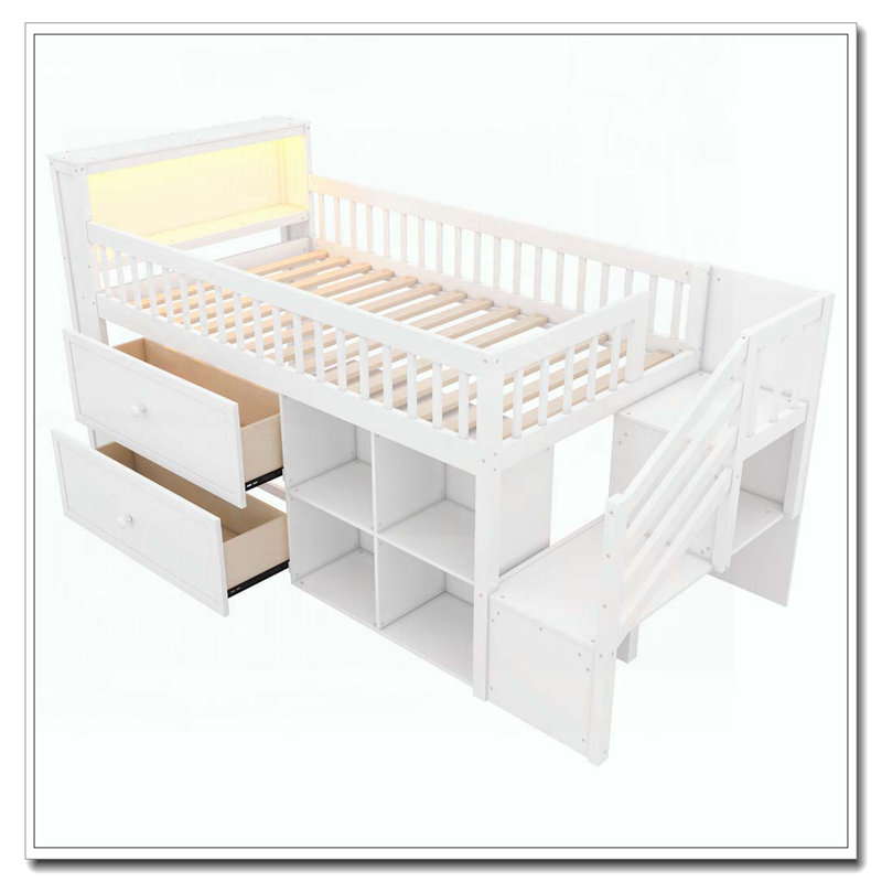 Lit de rangement en bois avec tiroirs et tablettes, Blanc