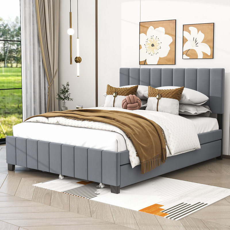 Grapeville Queen 2 Drawers Velvet Upholstered Platform Bed with Twin XL Trundle, Gray