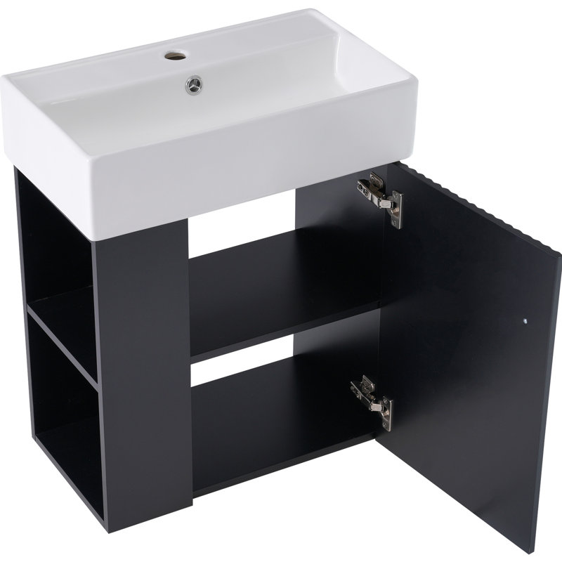 Armoire de salle de bain flottante noire - lavabo en céramique de 21,6 po, rangement à gauche, meuble-lavabo moderne 21,6 po avec lavabo