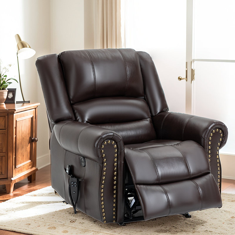 Aura 40" W Dual Motor Power Lift Recliner Infinite Position With Heat And Massage, Brown Genuine Leather