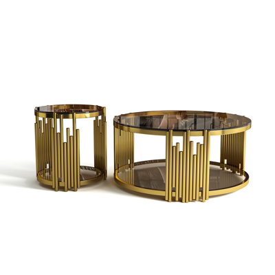 Redray Contemporary Double-Layer Smoked Glass Nesting Coffee Table Set with Gold Stainless Steel Frame