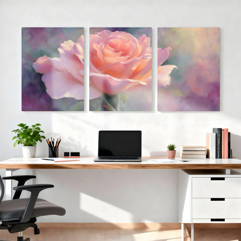 Ensemble de 3 tableaux muraux sur toile à motifs floraux de roses roses, pour la décoration du salon et de la chambre.