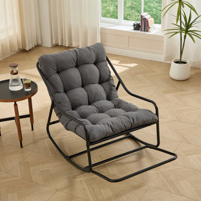 Outdoor Rocking Chair, Comfy Cushion, With Soft Thick Cushion,For Living Room, Bedroom, Reading Room, Black Frame With Grey Cushion