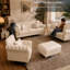 Ensemble de canapé Chesterfield modulaire 6 places en similicuir avec pouf beige/blanc-917663501