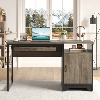 47" Reversible Computer Desk with Cabinet & Keyboard Tray , Grey Wash Home Office Desk or study desk for Small Spaces with Shelf