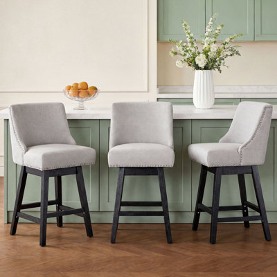 Ensemble de 3 tabourets de bar pivotants à hauteur de comptoir de 25,4 po de hauteur avec dossier, tabourets de bar modernes pour îlot de cuisine, pieds en bois, tissu et tabourets de bar