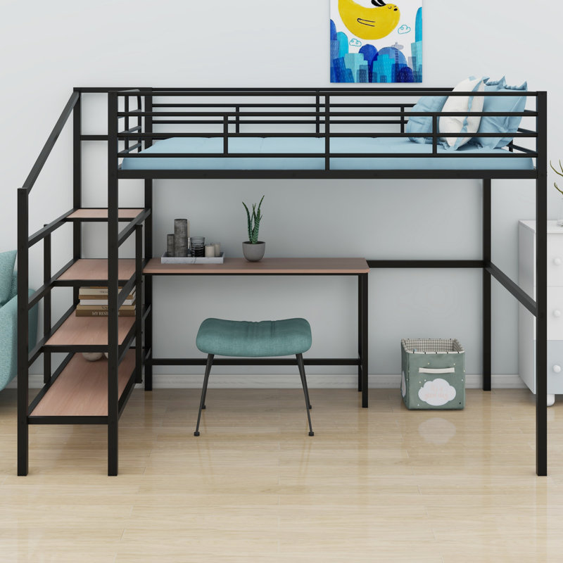 Lit mezzanine en métal avec bureau, Noir