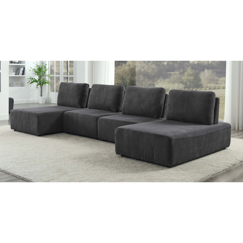 Canapé modulaire 5 pièces Gabbey, Velours côtelé gris foncé, H 35,5 po x l 156 po x P 66,5 po
