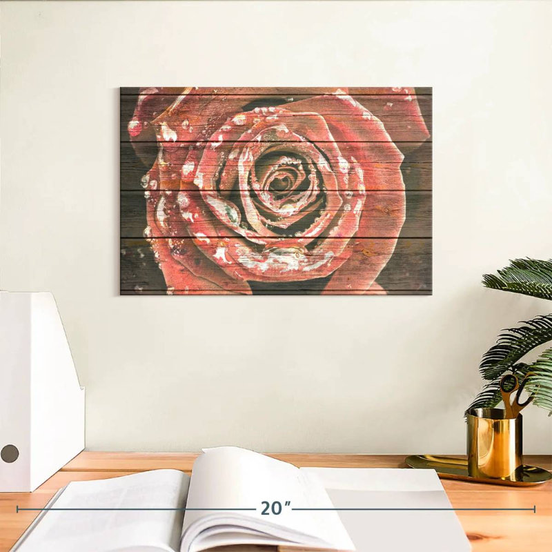 Harnek rose rouge sur bois, H 8 po x l 12 po