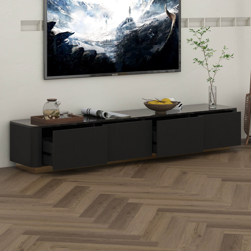 TV Stand For Up 85" Tvs, Faux Marble Tabletop Media Console With 4 Drawers, Curved Profile Modern Entertainment Center, Black