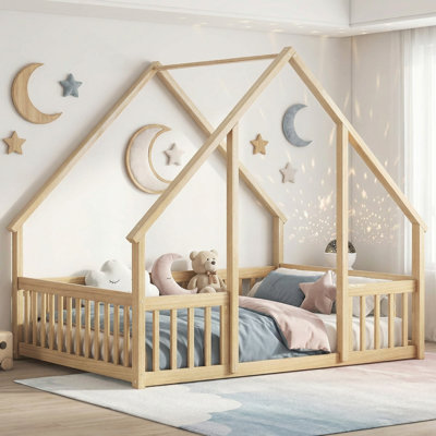 Lit double en bois en forme de maison avec clôture et garde-corps Sailvan