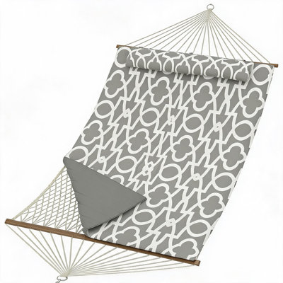 2 Person Outdoor Hammock with Stand, Cotton Rope Hammock with Polyester Pad, Adjustable Steel Frame, 2-in-1 Hammock for Patio, Backyard, Garden, Beach（Light Gray Stripes）