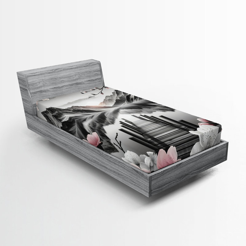 Drap-housse Ambesonne Lake_ Fleurs de cerisier et montagnes_ Gris et rosé, Drap-housse de taille simple