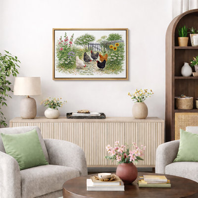 Hens in Garden Artwork, Farm Life Pictures, Framed Canvas Giclee Print Wall Art